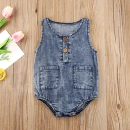 Rompers Baby Summer Clothing Denim Rompers Toddler Born Boy Birls Girlsless Button Button Pocket Rompers Plestuits Discal