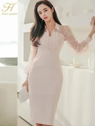 Vestito h Han Queen Spring Lace Stitching Pencil guaina BodyCon Dress Lady Office Office Party Evening Party Sexy Elegant Ol Simple Dresses