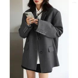 Women's Suits Korean Blazer Women Cuff Embroidery Wide Shoulder Office Lady Autumn Loose Outerwear Stylish Casual Female Jacket 2023