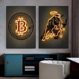 Tapety Neon Bitcoin Bull Crypto Gold obraz ścienny na płótnie bydło plakat i obraz z nadrukiem dekoracja wnętrz na wystrój salonu J230516