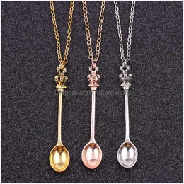 Pendant Necklaces Charm Tiny Tea Spoon Shape Necklace With Crown For Women 3 Colors Creative Mini Long Link Jewelry Drop Delivery Pen Ot1Rv