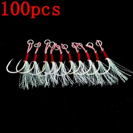 Fishing Hooks 100pcs/Lot Assist Hook Fishing Lure Slow Jigging Fish Cast Jigs Barbed Single Jig Hooks Thread Feather Pesca Carbon Steel Peche 230516