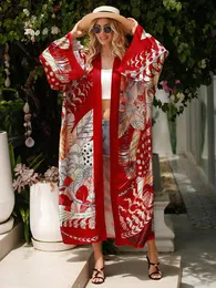 Пляжное кимоно, свободный большой шелковистый купальник, купальный костюм с красным принтом, саронг, кафтаны для женщин, пляжная накидка, парео