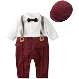 Pyjamas Setelan Bayi Laki Laki Pria Formell Ulang Tahun Pertama Pakaian Baru Lahir Jumpsuit Satu Potong Baret Dasi Kupu Kupu Suspender Balita 230516