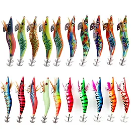 Yemler 20pcs/lot kalamar cazibesi karides jigleri ahşap cazibesi aydınlık ahtapot lures 3d gözler mürekkep balığı yapay yem jigging balıkçılık cazibesi 230516