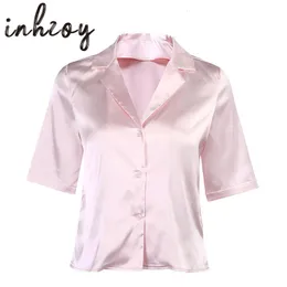 Kvinnor blusar skjortor damer arbetar ha avslappnad kort ärm satin siden av sväng av krage blus fast färg chic toppar rosa för kvinnor 230516