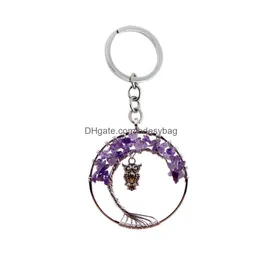 Anahtar Yüzükler 12 PC/SET Ağacının Yeni Yaşamı Kristal Anahtar Keychain Baykuş Çakra Taş Siyah Onyx Llavero Rainbow Doğal Bilgelik Zinciri Fahion Dro Dhkri