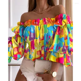여성용 블라우스 여름 프린트 프리플 오프 어깨 셔츠 여성 패션 플로럴 슬래시 넥 짧은 나비 소매 섹시한 작물 탑 26429