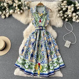 Casual Dresses Party Summer Runway Shirt Womens Notch Collar Sleeveless Blue and White Porcelain Print Lace Up Belt Pleated Midi 230517