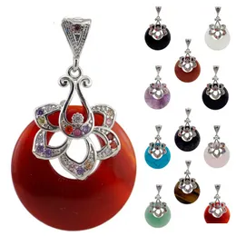 Pendant Necklaces Agate Donut Circle Stone Pendants Jasper Crystal With Diamond Zircon Flower Gemstones Beads Healing Crystals Drop Dho9Y