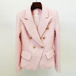 Kadın Suit Pembe Tweed Kadınlar Blazer Ceket Ofisi Leydi Çizgili Çift Kruvaze Düğme Up Ceket Sokak Giyim Koreli
