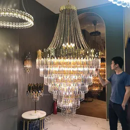مصابيح قلادة دوبلكس بناء كريستال ثريا غرفة المعيشة الطابق الأوسط فيلا قاعة مصباح الفولاذ المقاوم للصدأ