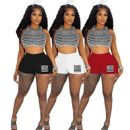 2023 Designer Tracksuits Summer Two Piece Set Women Striped Outfits Sleeveless Tank Crop Top and Shorts Matching Set Casual Sportswear Bulk Wholesale Clothes 9871