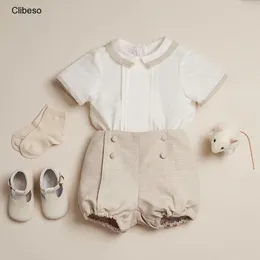 Pyjamas Clibeso Setelan Baju Anak Spanyol Butik Musim Panas Laki Laki Bayi Putih Celana Pendek Khaki Set Pesta LeBaran 230516