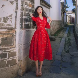 Sukienki swobodne Wysokiej jakości wybuchy Wyprzebicie Red Dopasujące kobiety koronkowa wiosenna letnia sukienka