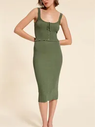 Work Dresses Women Solid Color Slim Fit Green Set 2023 Lady Square Collar Single Breasted Lace Up Sling Tank Or Wrap Elastic Waist Skirt