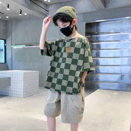 Clothing Sets Fashion Musim Panas Remaja Laki laki Lengan Pendek Kaus Kotak kotak Celana Pullover Pakaian Streetwear dengan untuk Baju Anak 230516