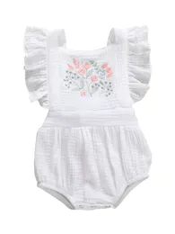 Strampler Citgeett Sommer geboren Säugling Baby Mädchen Blumen Druck Rüschen Kurzarm Baumwolle rückenfrei schöne Overalls Stirnband Kleidung 230516