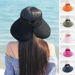 Wide Brim Hats Empty Top Back Split Bowknot Decor Sun Hat Protection Thin Large Pure Color Beach Fashion Accessories