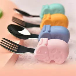 Servis uppsättningar för barns tabell Hippo Snail Whale Silicone Baby Spoon and Fork redskap Set Learn to Eat Tools