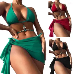 Women's Swimwear 3Pieces Bikini Set With Skirt Solid Color String Thong Bathing Suit Women Swimsuit Female Beachwear Triangle-