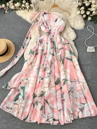 Casual Dresses Yitimuceng Chiffon Maxi For Women Fashion Fairycore Diagonal Collar Floral Summer Dress Backless 230517