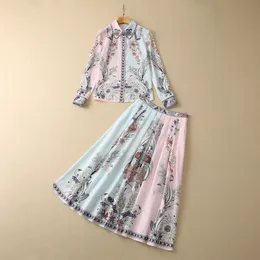 Summer Paisley Print Two Piece Dress Sets Pink Long Sleeve Lapel Neck Beaded Blouse & High Waist Long Skirt Suits Set S3F130209
