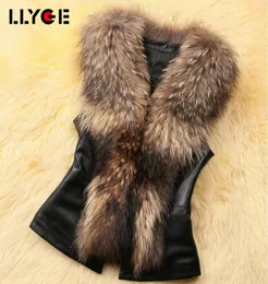 LLYGE PU cuero Faux Fur mujer abrigo de invierno 2018 Casual de talla grande sin mangas Faux Fur Collar chaleco invierno moda chaqueta Coat6557601