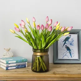 장식용 꽃 7pcs Real Touch Pu Tulips 홈 정원 침실 장식을위한 인공 인공 Flores Para Decoracion