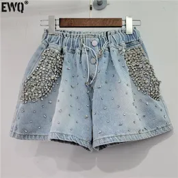 Kvinnors shorts ewq kvinnor diamanter hög midja denim shorts streetwear vintage dragsko bred ben korta byxor sommarkläder 700 230512