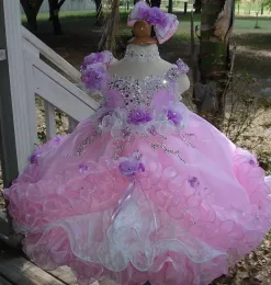 Underbara bollklänningstävlingsklänningar med pärlor med småbarn tillbaka Organza Ruffles Cup Cake Flower Girls Dress for Wedding Custom Made