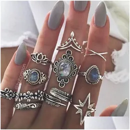 Cluster Rings Knuckle Ring Set Retro Diamond Carved Starry Gemstone 11 Piece Boho Can Be Superimposed Female Sier Drop Delivery Jewel Dhukr