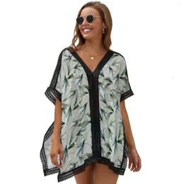 Women's Blouses Leaf Printed Women's Bikini Swimsuit Cover Up Sunscreen Shirt V-Neck Loose Irregular Hem Top Sexy Style 2023