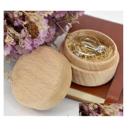 Storage Boxes Bins 10Pcs Small Round Wooden Box Ring Vintage Decorative Natural Craft Jewelry Case Accessories Drop Delive Dh2V9