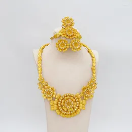 Halsbandörhängen Set Gold Plated Big Flower Jewelry for Women African Bridal and Nigerian Wedding