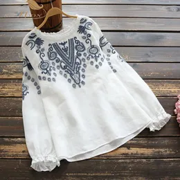 Kadın Tişörtleri Kadınlar Bahar Uzun Kollu Çırpma Üstleri Vintage Nakış Bluz Oğreti O Boyun Pamuk Keten Blusas Feminas gömlek Mujer