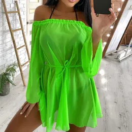 Traje de baño Sexy transparente con hombros descubiertos para mujer, traje de baño para cubrir, traje de baño de manga larga con lazo, minivestido liso, ropa de discoteca, vestido de playa para vacaciones