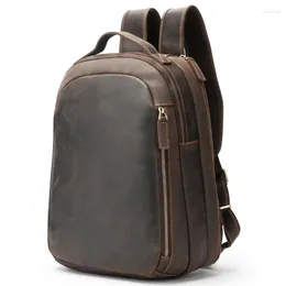 Ryggsäck Men's Crazy Horse Real Leather Cow Retro Rucksack Stor klassisk pojke skolböcker Big Male Business Laptop Bag