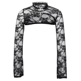 Camisa punk gola de renda sexy recortada encolher bolero feminino malha capa xale elegante goth capelet manga longa ver através topos