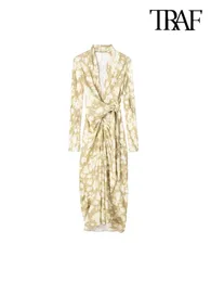 Robe TRAF femmes mode imprimé portefeuille robe mi-longue Vintage col en V à manches longues robes féminines robes Mujer