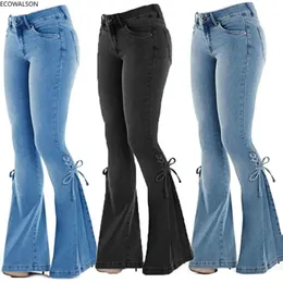 Kvinnors jeans Jins Suar Melar Pinggang Tengah Celana denim Wanita Saku Bawah Lonceng Skinny Gaya Korea Kasual Pengangkat Bokong Kaki Lebar 30 230516