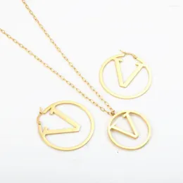 ネックレスイヤリングセットZmfashion Jewelry for women ladies girls stainless Steel Big Round LetterV-Design Pendantチェーンネックレス