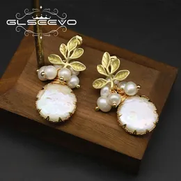Dangle Chandelier GLSEEVO Natural Fresh Water Big Baroque Pearl Earrings Women Plant Leaves Dangle Earrings Luxury Handmade Fine Jewelry GE0308 230516