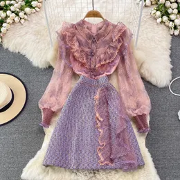 Vestidos casuais festa banulin vintage feminino manga lanterna slim misced renda de retalhos de moda pista de manobra rosa tweed vestidos 230516