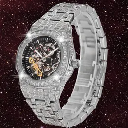 Skeleton Mechanische Uhr Männer Tourbillon Automatische Herren Uhren Hip Hop Iced Out Diamant Armbanduhr Um CZ Reloj Hombre Wristw341V