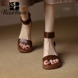 Sandals RIZABINA Genuine Cow Leather Sandals Block Mid Heels Women Roma Sandals Open Toe Retro Buckle Sandals Ankle Strap Trend 230515