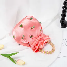 Totes Beads Handle Satin Hobo Bag New Korean Chic Cute Handmade Top Beading Bucket Borsa e borsa da sposa 230509