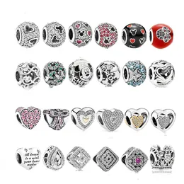 925 pund Silver New Fashion Charm Original runda pärlor, full diamantkrona av kärlek, dropppärlor, kompatibla Pandora -armband, pärlor