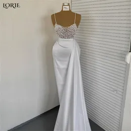 Vestidos de festa lorie pérolas sólidas sereia noite tiras de espaguete de cetim bodycon dubai baile formal traje praia