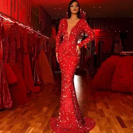 Dresses Sexy Deep V Neck Sequined Red Bodycon Mermaid Dress Elegant Party Dresses For Women 2023 Evening Prom Wedding Long Maxi Dress